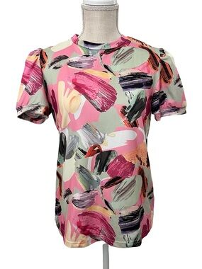Abstract Brushstroke Print Short Sleeve Top - Pink Multi